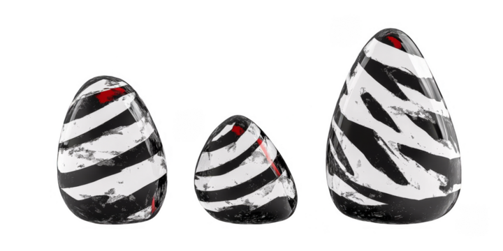 3D Illustration Of Three Zebra Pattern Eggs Against A Transparent Black Background With Red Highlights, White And Black Artistic Design For Easter Celebration
