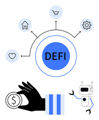 Hand holding coin, DEFI central node with financial icons connected, and robotic assistant. Ideal for finance, blockchain, automation, fintech, investment innovation technology. Flat simple