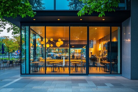 Modern cafe exterior facade with glass windows showcasing interior through glass and outdoor seating