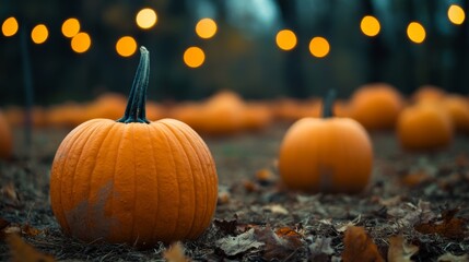 pumpkins on a pumpkin patch farm autumn fall festival with lights and people