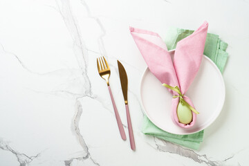 Easter food with decorations on white background.