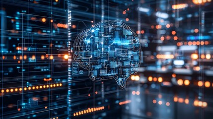 Digital AI powered mind map floating in a high tech workspace symbolizing AI creativity