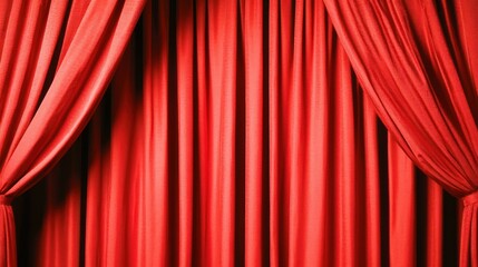 Red velvet stage curtains pulled back, revealing dark background, theatrical performance