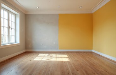 Newly remodeled room house. Wood floors, moulding, yellow ochre paint, ceiling lights, and window. Home construction, interior design. Unfinished walls before paint.