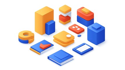 Isometric illustration of colorful data and book icons.