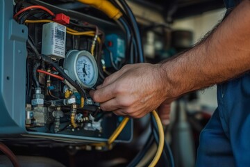Repairman fixing a broken electric boiler or furnace
