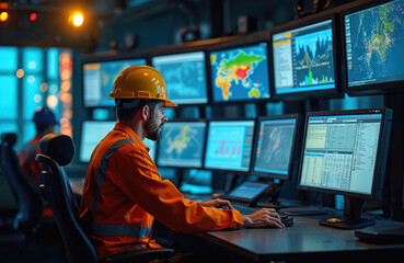 Male engineer analyzes data on computer screens in oil rig control room. Worker in orange uniform and helmet makes decisions. Modern tech, digital interface displays oil drilling data.