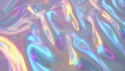 Fototapeta premium Smooth, flowing surface reflecting a spectrum of colors under bright lighting. The iridescent quality creates a dynamic visual effect that captivates the viewer's attention