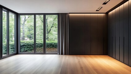 Obraz premium Modern empty room with large windows overlooking a garden. Dark cabinets and light hardwood floors