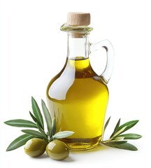 Olive oil in glass bottle, studio shot, olives and leaves
