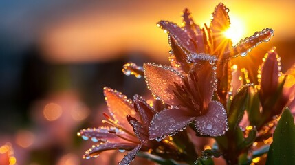 Close-up of Dew-covered Flowers at Sunrise with Glowing Backlight
