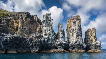Volcanic rock formations, ocean coast, island, dramatic sky, travel photography