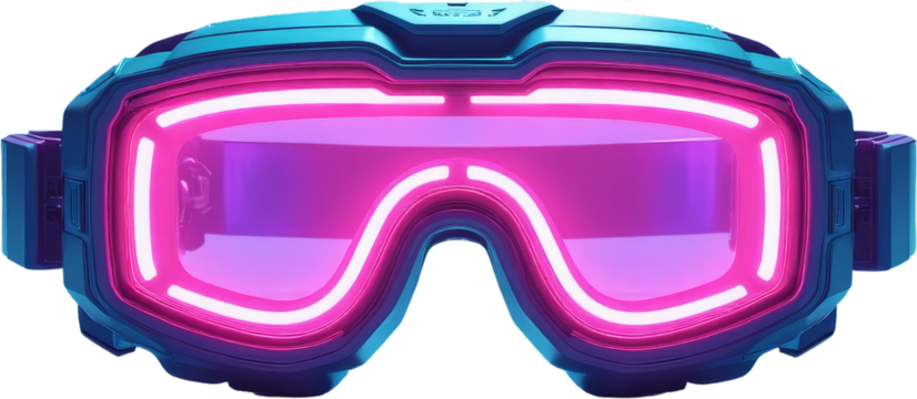 Glowing futuristic blue goggles with pink lenses and a transparent background