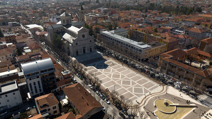 Aerial view of Avezzano Cathedral in Abruzzo, Italy. It is a Roman Catholic cathedral dedicated to...