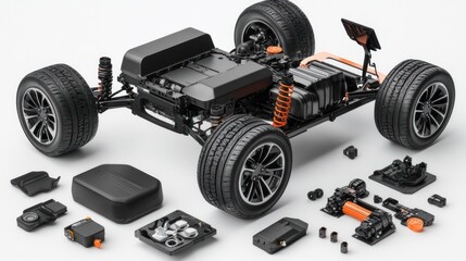 Exploded view of an electric vehicle chassis, showcasing its components.