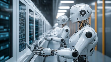 Fototapeta premium Robots and Humans Collaborating in a Smart Production Environment