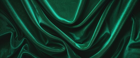 Fototapeta premium Deep green fabric lays gracefully with soft folds, showcasing a rich texture and elegant sheen. The vivid color enhances the luxurious feel of the material, perfect for various design uses