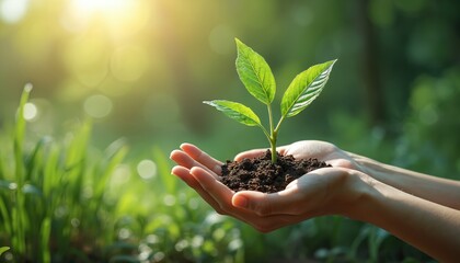 Hands hold small green plant with soil. Eco-friendly concept, environmental protection, nature care, sustainable lifestyle. New life, growth, springtime, ecology, earth day, future, eco-friendly.