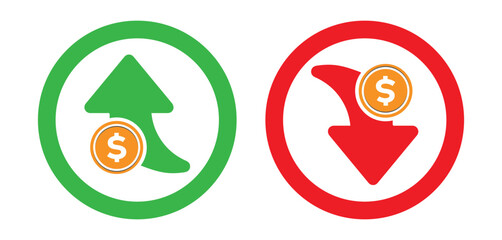 Graph going Up and Down sign with green and red arrows vector.  down and sales bar chart with arrow moving up. Flat design vector illustration