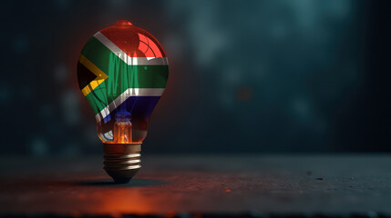 A patriotic concept: A light bulb with the South Africa flag design glowing in the dark, symbolizing ingenuity, technology, and energy independence