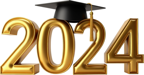 Golden "2024" numbers with graduation cap and tassel, transparent background