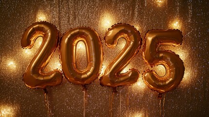 Golden anticipation: 2025 balloons illuminate a shimmering background