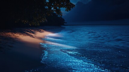 Bioluminescent plankton glow on a dark tropical beach at night creating a magical scene by the water's edge