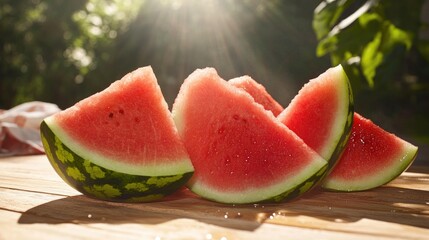 Juicy watermelon slices arranged on wooden surface, illuminated