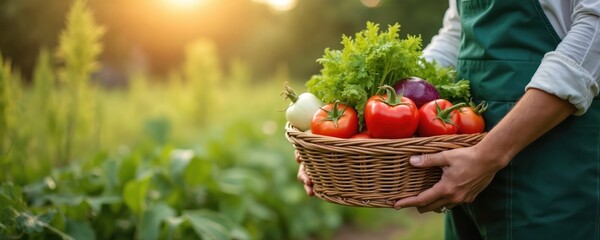 Gardener holding wicker basket with fresh harvest vegetables. Tomatoes, lettuce, eggplant, organic produce from farm, garden. Harvest time, healthy food, eco agriculture.