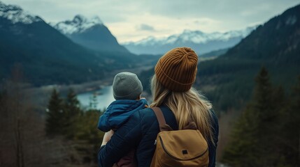 Obraz premium Mother and child embrace, gazing at a serene mountain landscape. Forest, lake, and snow-capped peaks in the tranquil distance. Autumn tones.