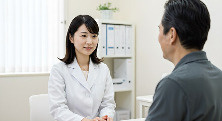 Fototapeta premium Female doctor examining a patient with a medical interview, AI generated