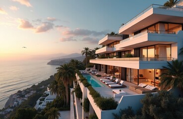 Fototapeta premium Luxury hotel building at Mediterranean coast on sunset. Modern apartments with large windows, sea view, and a rooftop pool. Tropical vacation resort at the edge of the hill at sunset.