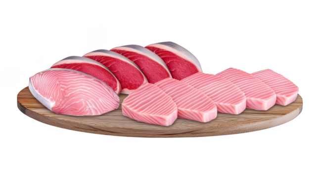 Delicious Assorted Raw Fish Slices on a Wooden Board Photo with Transparent Background for Culinary and Gourmet Use - Powered by Adobe