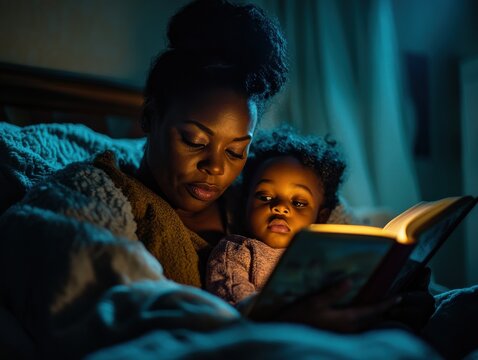 Tender moment of an African mother reading a bedtime story to her child in a cozy bedroom, illuminated by the warm glow of the book