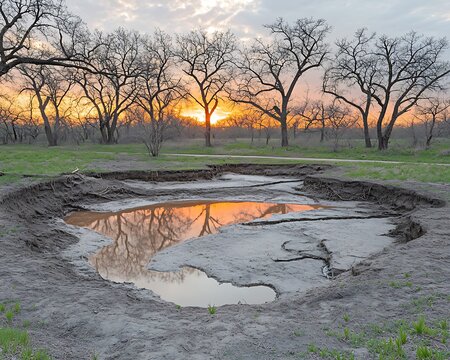 Beautiful sunset reflecting in the water of a shallow pool - Powered by Adobe