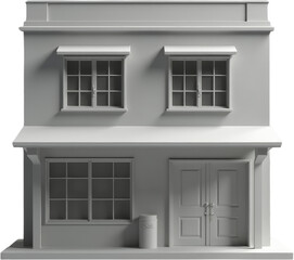 Grayscale building facade with windows, doors, and a trash can, transparent background