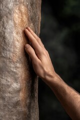 Fototapeta premium Hand gently touching tree bark, showcasing connection with natur
