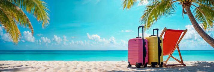 bannière web avec plage paradisiaque, deux valises trolley et une chaise longue, palmiers sur le côté, espace vide