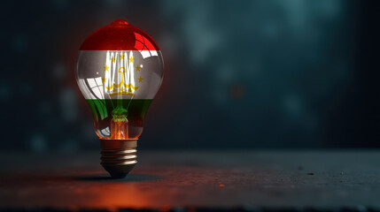 A patriotic concept: A light bulb with the Tajikistan flag design glowing in the dark, symbolizing ingenuity, technology, and energy independence