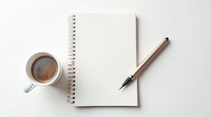 Wide view of notebook, pen, and coffee cup on white backdrop, stylish and minimal, ideal for modern work vibes