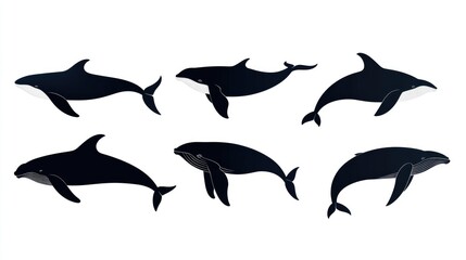 Fototapeta premium Whale silhouettes various poses, on white background
