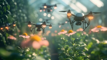 A swarm of autonomous drones pollinating flowers in a futuristic farm