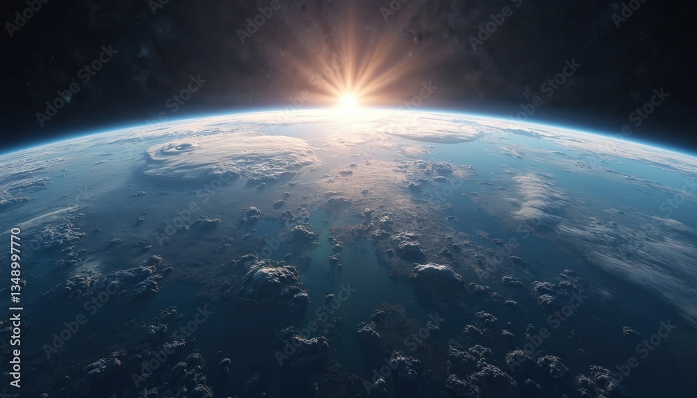 Poster stunning view of planet earth from space. glowing sun over blue planet surface with clouds. space ex