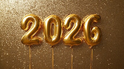 Golden Celebration: Balloon Numbers Spelling Out the Year 2026 on Glittery Backdrop