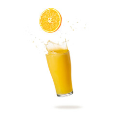 Orange fruit slice and fresh juice glass with splash and drops flying falling isolated on white background.