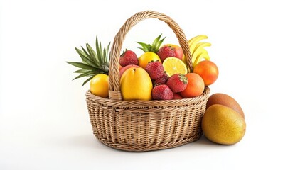 Classic woven picnic basket filled with fresh tropical fruits perfectly placed on a solid white background