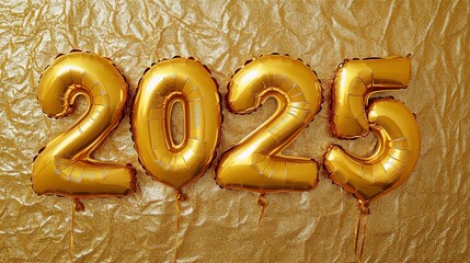 Golden 2025 Foil Balloons on Sparkling Gold Background Festive Celebration