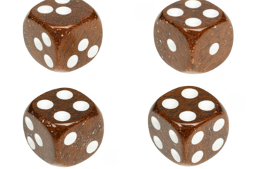 Four Brown Dice Isolated On Transparent Background Digital Illustration With White Dots Close Up View Showing Texture And Pattern For Casino Game