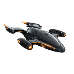 3D cute style on white background isolated png. Futuristic Black Spaceship with Orange Lights on Transparent Background