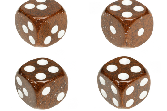 Four Brown Dice Isolated On Transparent Background Digital Illustration With White Dots Close Up View Showing Texture And Pattern For Casino Game